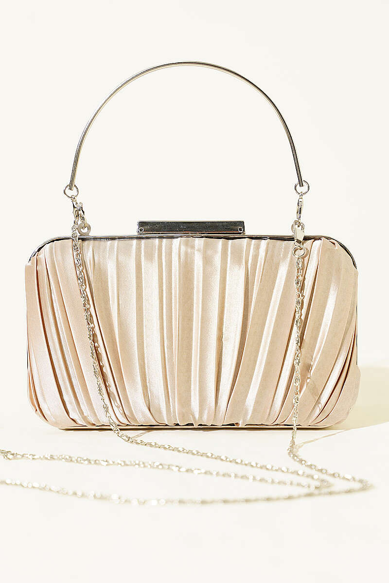 Rectangular Pleated Satin Evening Bag with Handle - Beige