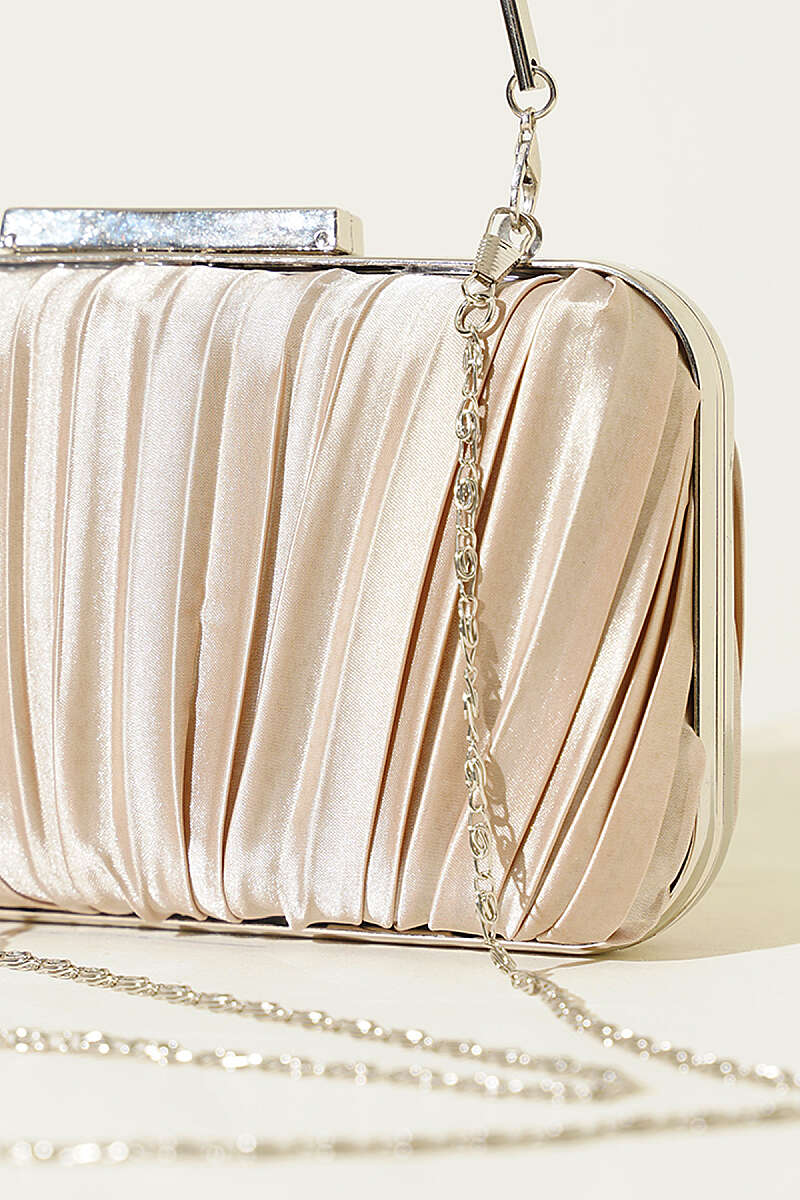 Rectangular Pleated Satin Evening Bag with Handle - Beige