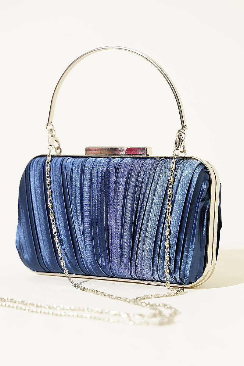 Rectangular Pleated Satin Evening Bag with Handle - Navy