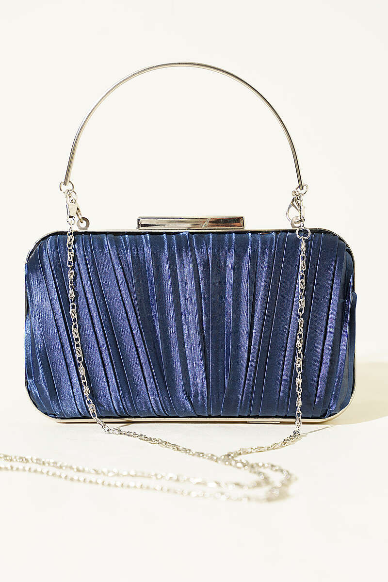 Rectangular Pleated Satin Evening Bag with Handle - Navy
