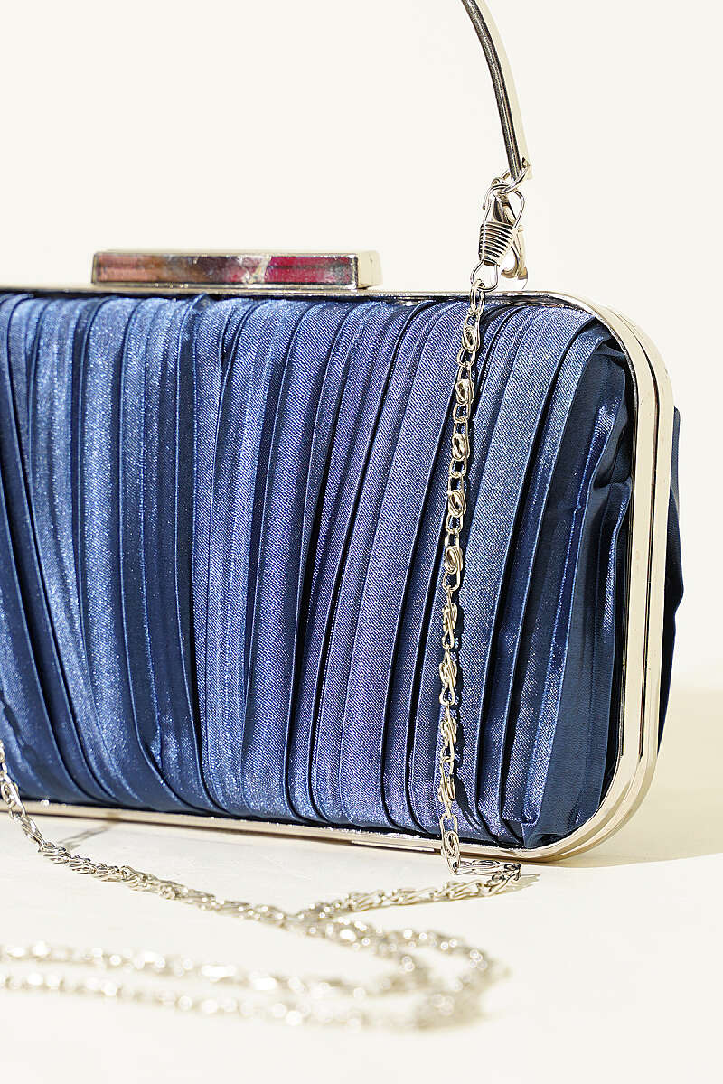 Rectangular Pleated Satin Evening Bag with Handle - Navy