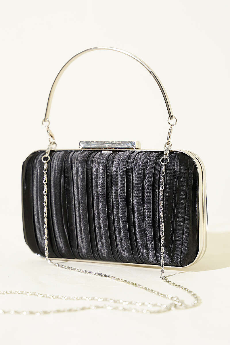Rectangular Pleated Satin Evening Bag with Handle - Black