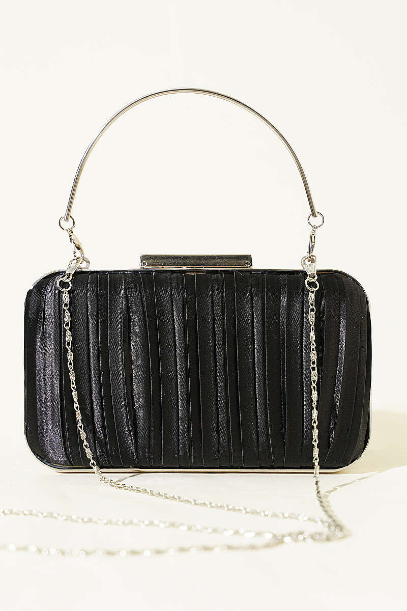 Rectangular Pleated Satin Evening Bag with Handle - Black