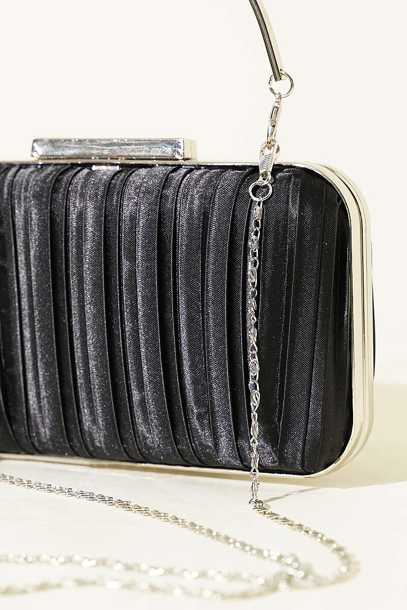 Rectangular Pleated Satin Evening Bag with Handle - Black