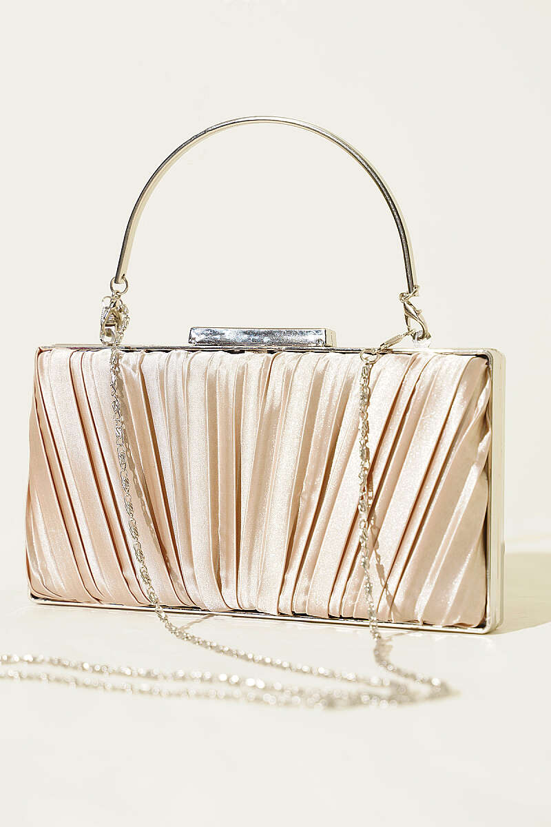 Rectangular Pleated Satin Evening Bag - Beige