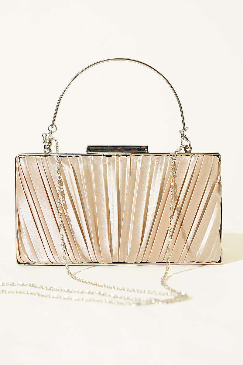 Rectangular Pleated Satin Evening Bag - Beige