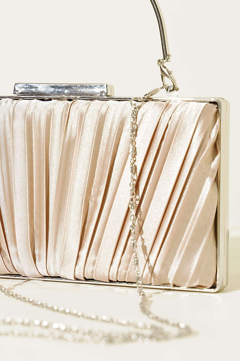 Rectangular Pleated Satin Evening Bag - Beige