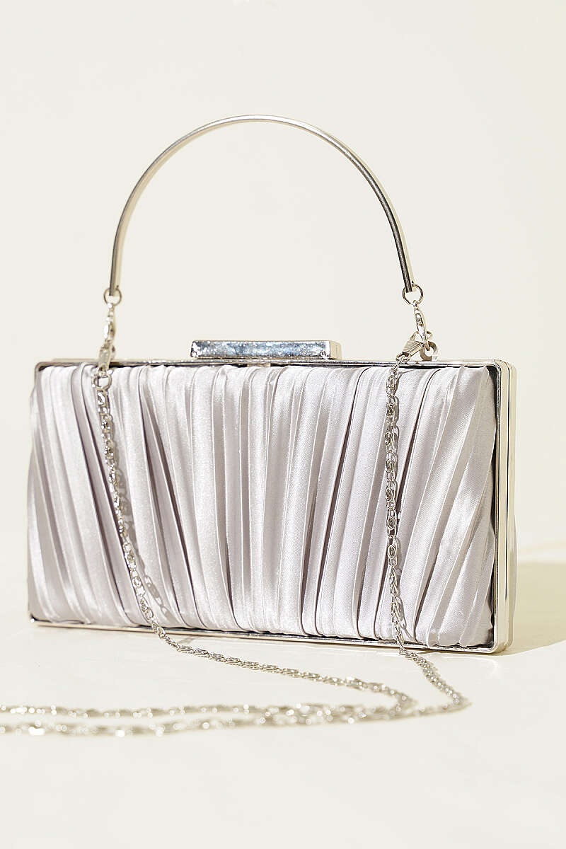 Rectangular Pleated Satin Evening Bag - Grey
