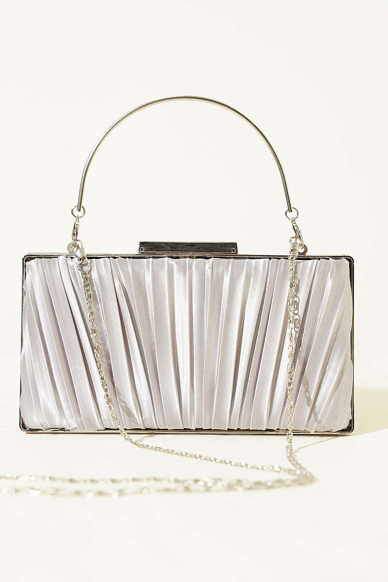 Rectangular Pleated Satin Evening Bag - Grey