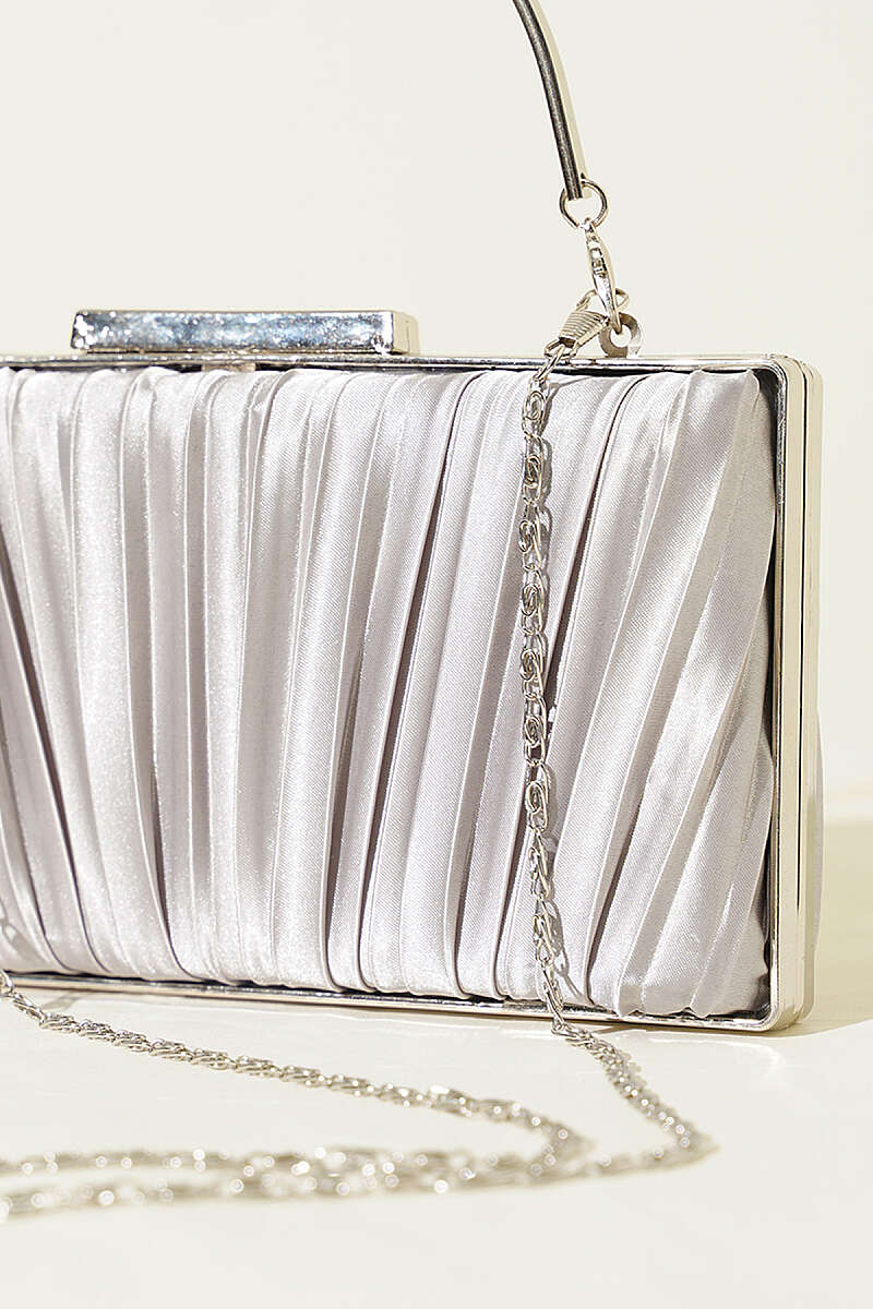 Rectangular Pleated Satin Evening Bag - Grey