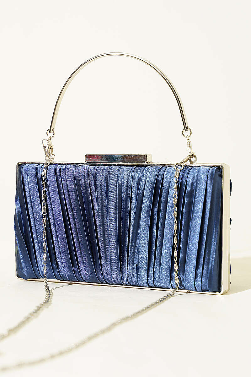 Rectangular Pleated Satin Evening Bag - Navy