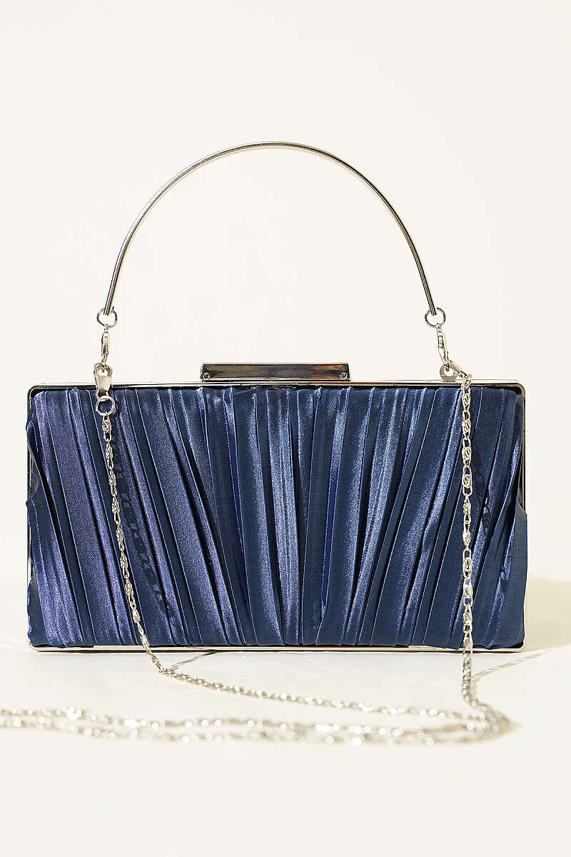 Rectangular Pleated Satin Evening Bag - Navy