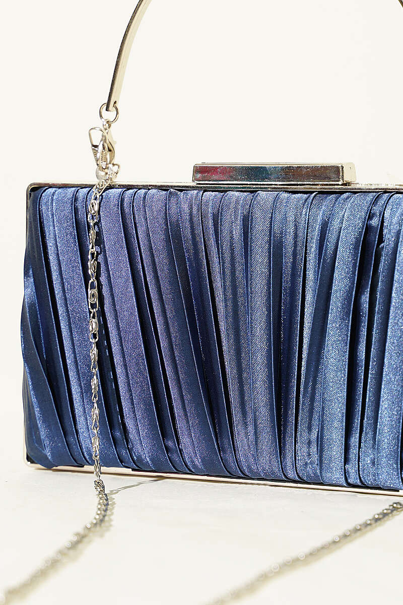 Rectangular Pleated Satin Evening Bag - Navy