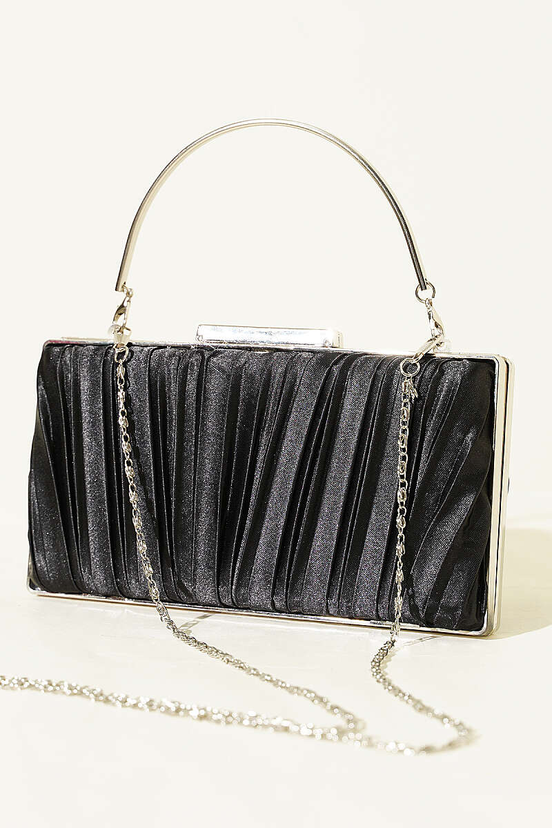 Rectangular Pleated Satin Evening Bag - Black