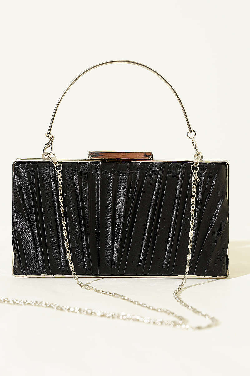 Rectangular Pleated Satin Evening Bag - Black