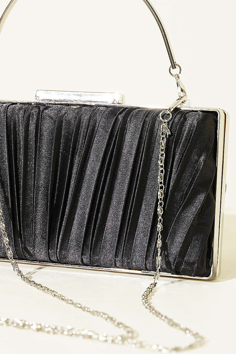 Rectangular Pleated Satin Evening Bag - Black