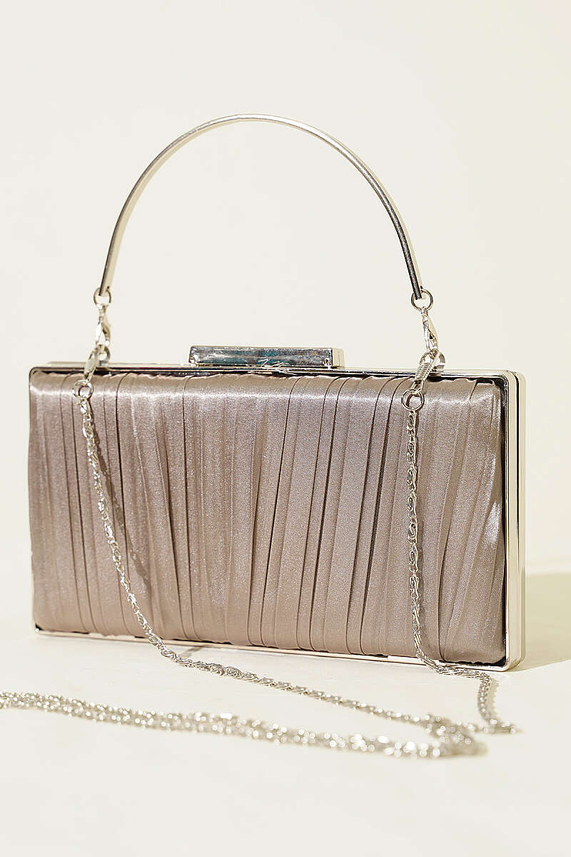 Rectangular Pleated Satin Evening Bag - Mink