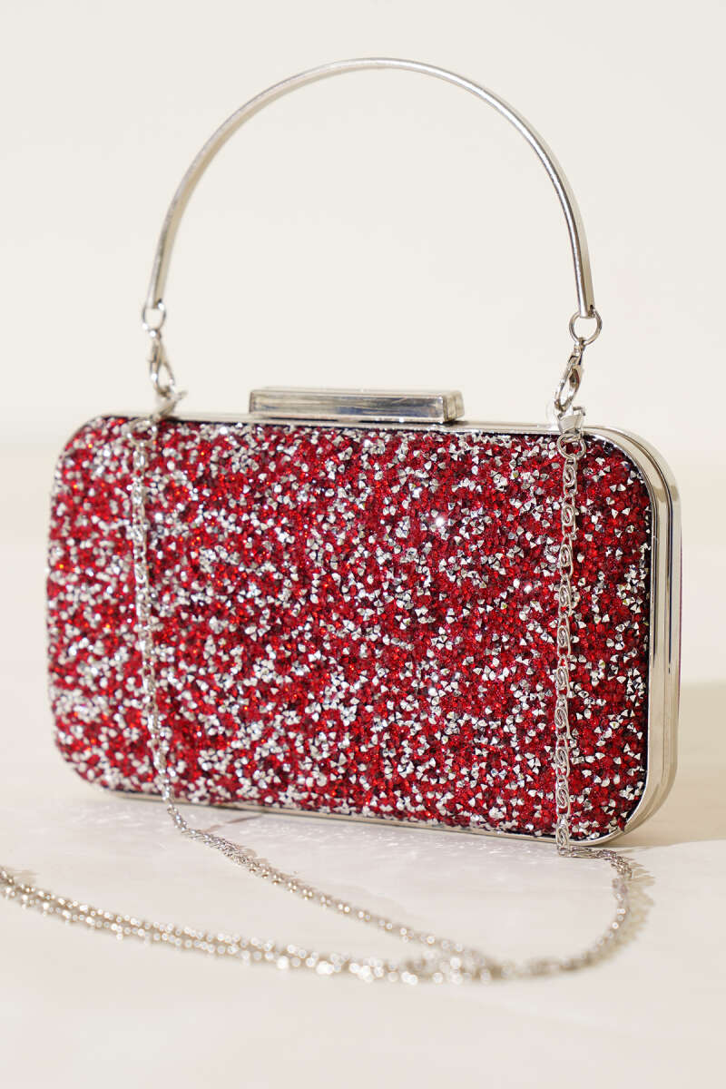 Rectangular Stone Evening Bag with Handle - Red