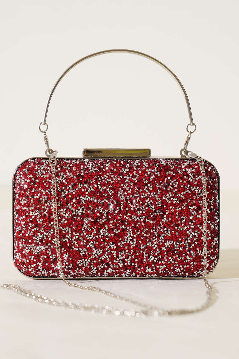 Rectangular Stone Evening Bag with Handle - Red