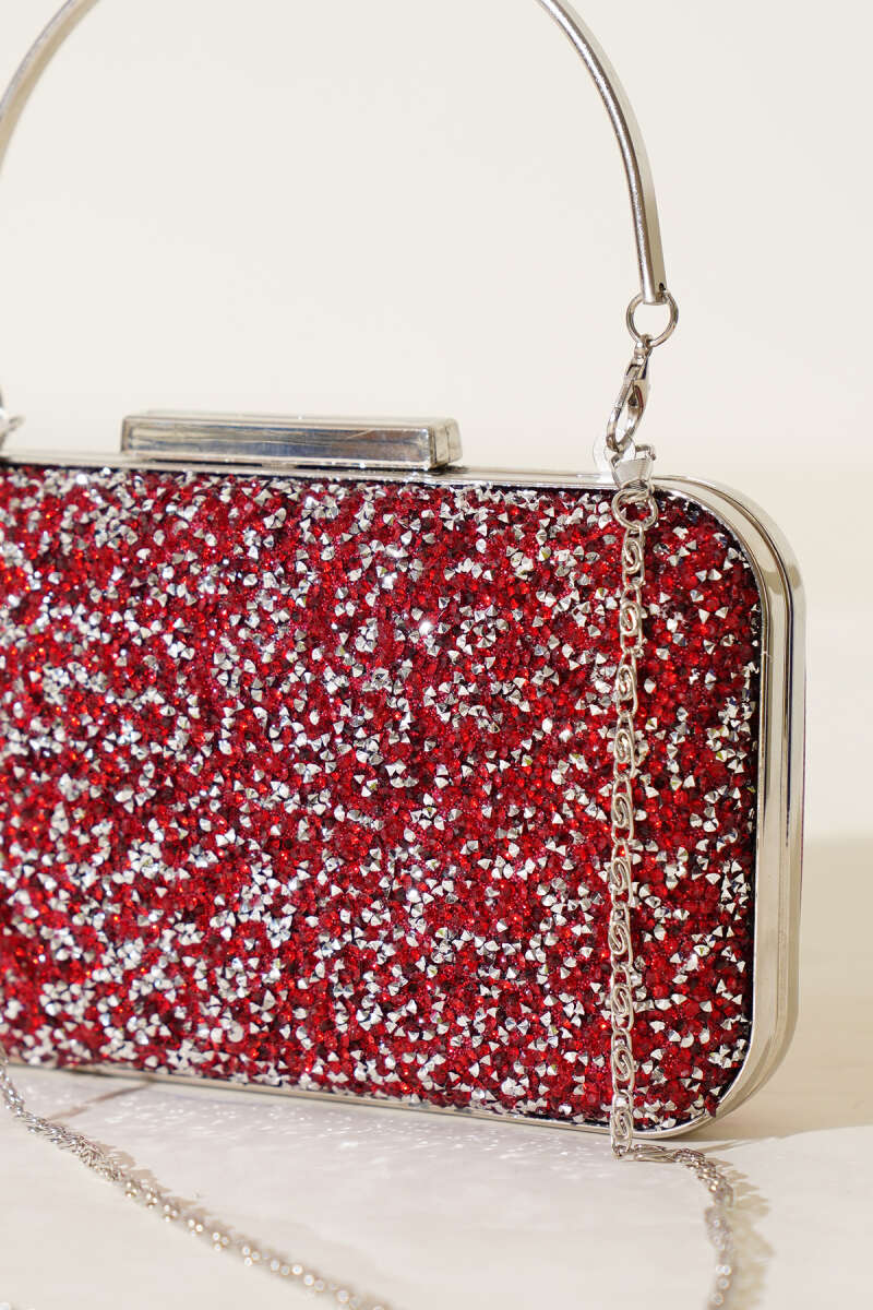 Rectangular Stone Evening Bag with Handle - Red