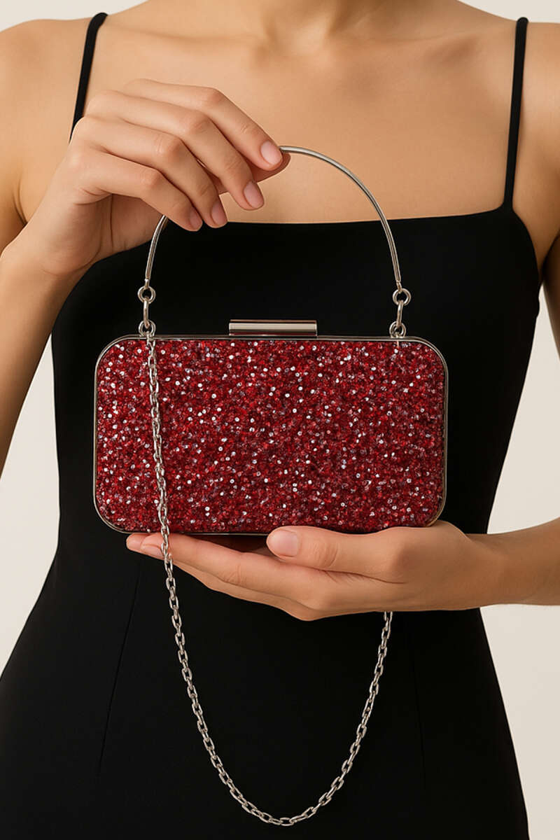 Rectangular Stone Evening Bag with Handle - Red