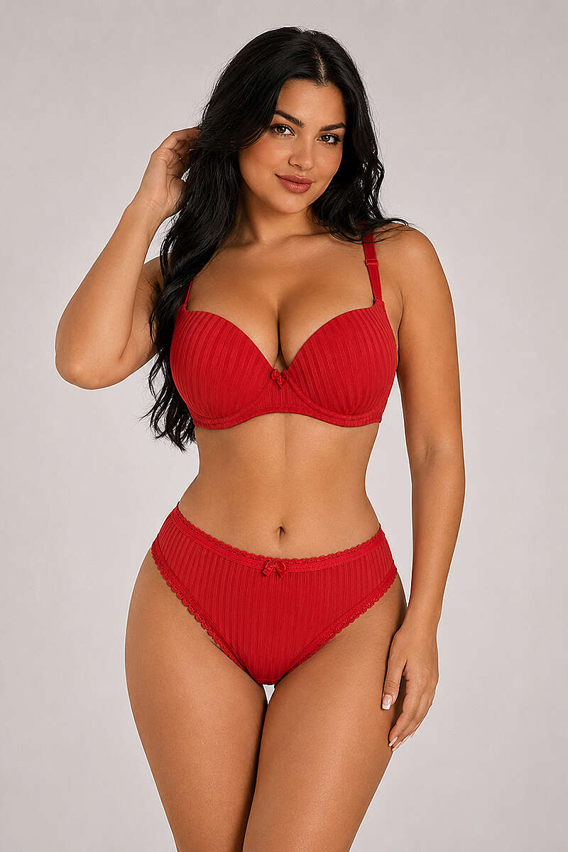 Vertical-Stripe Padded Bra Set - Red