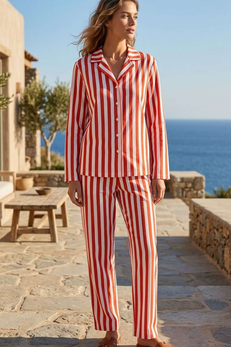 Vertical-Stripe Button Pyjama Set - Red