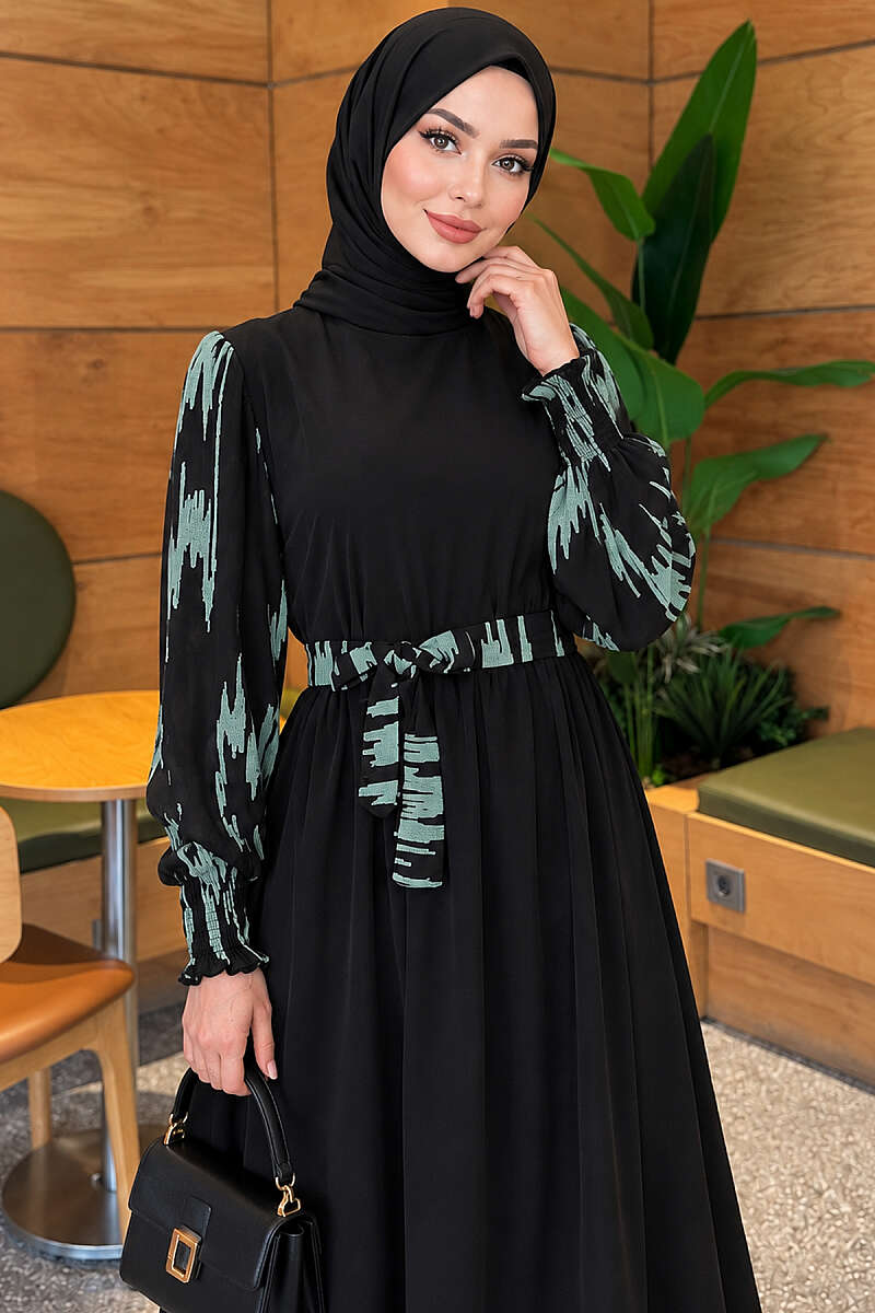 Embroidered Dress with Piped Sleeves - Almond Green