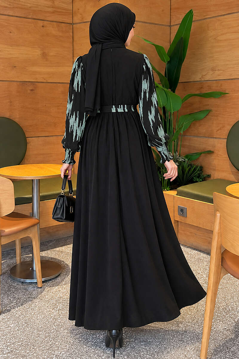 Embroidered Dress with Piped Sleeves - Almond Green
