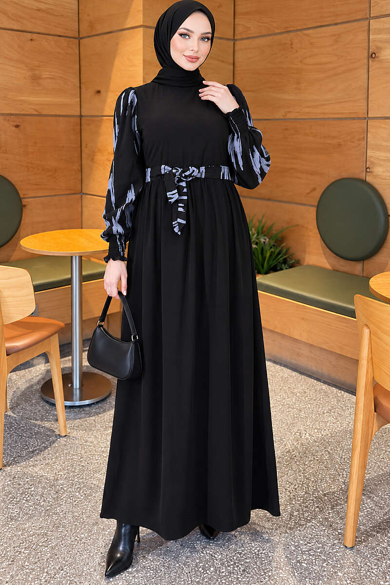Embroidered Dress with Piped Sleeves - Indigo
