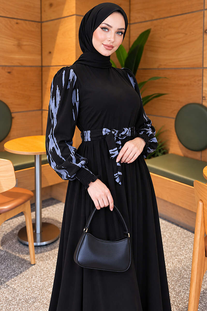 Embroidered Dress with Piped Sleeves - Indigo