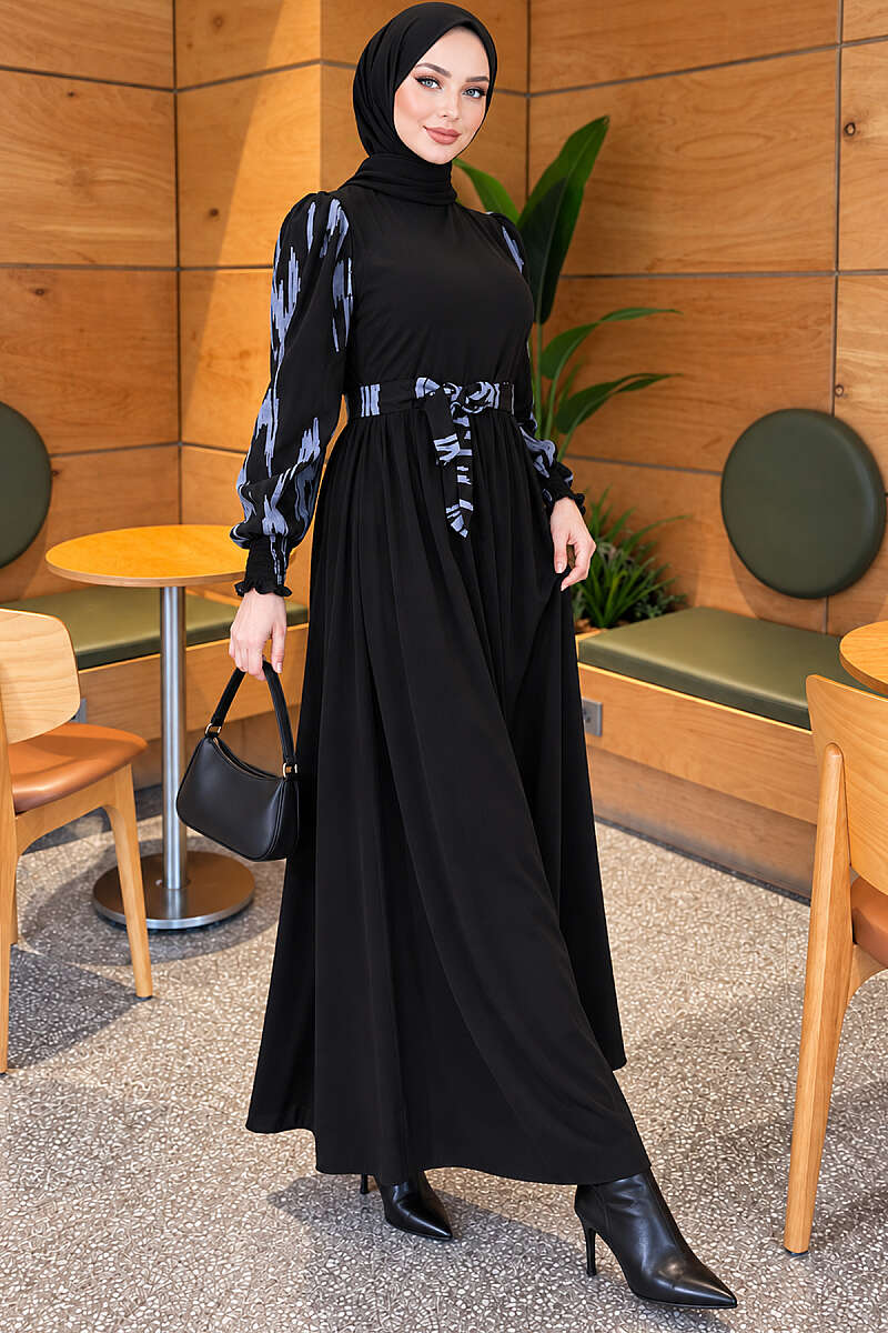 Embroidered Dress with Piped Sleeves - Indigo