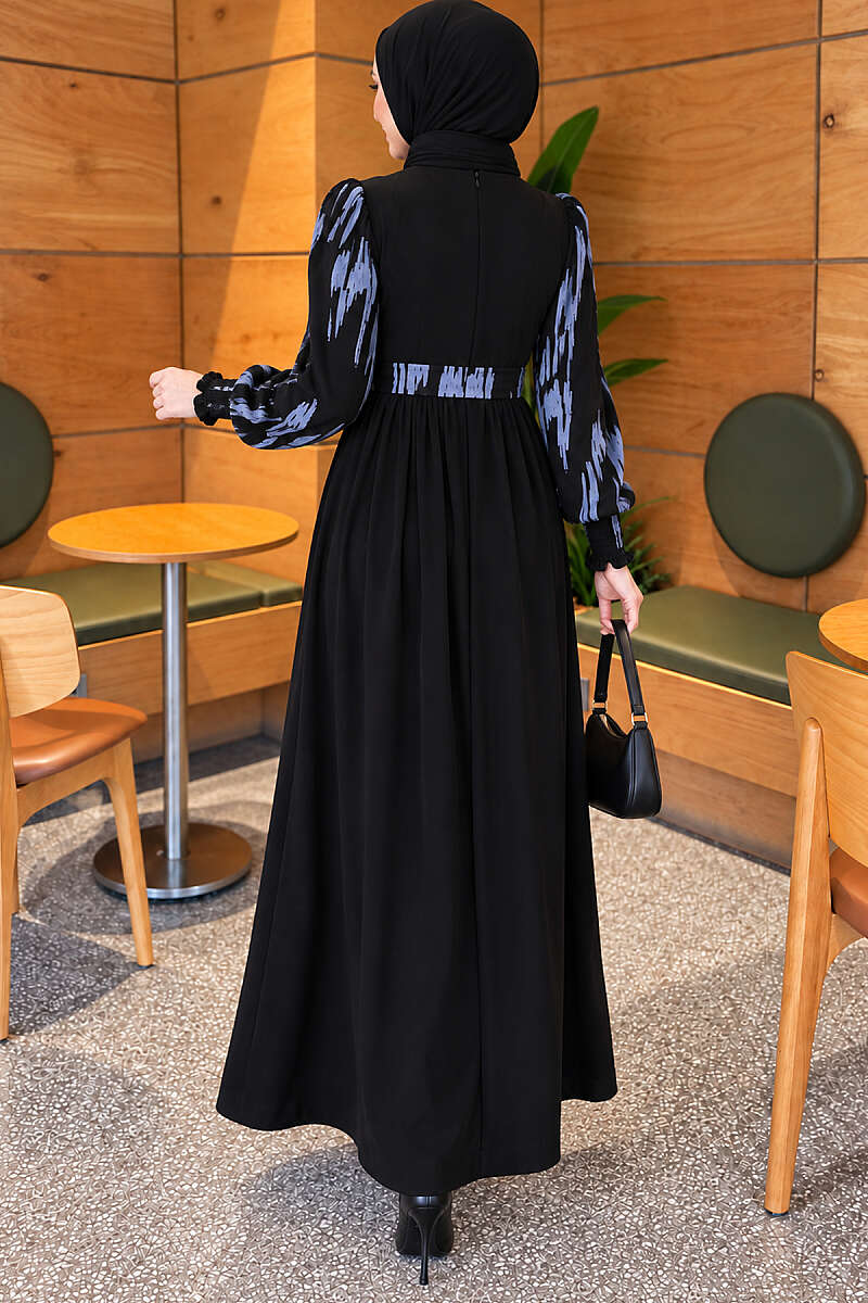 Embroidered Dress with Piped Sleeves - Indigo