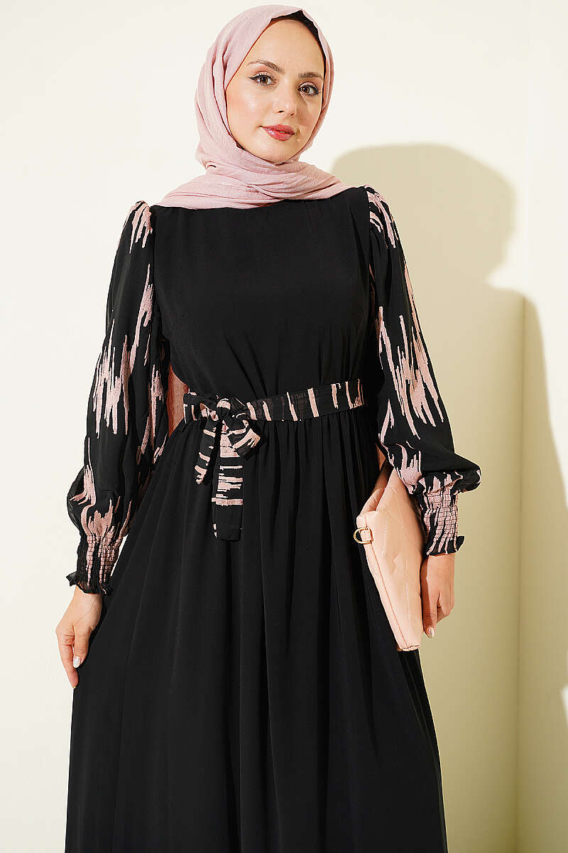 Embroidered Dress with Piped Sleeves - Powder