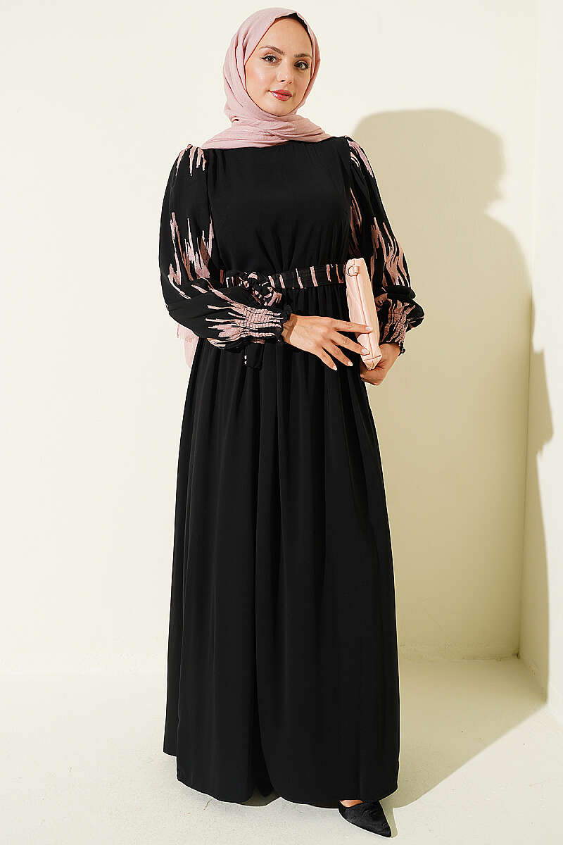 Embroidered Dress with Piped Sleeves - Powder