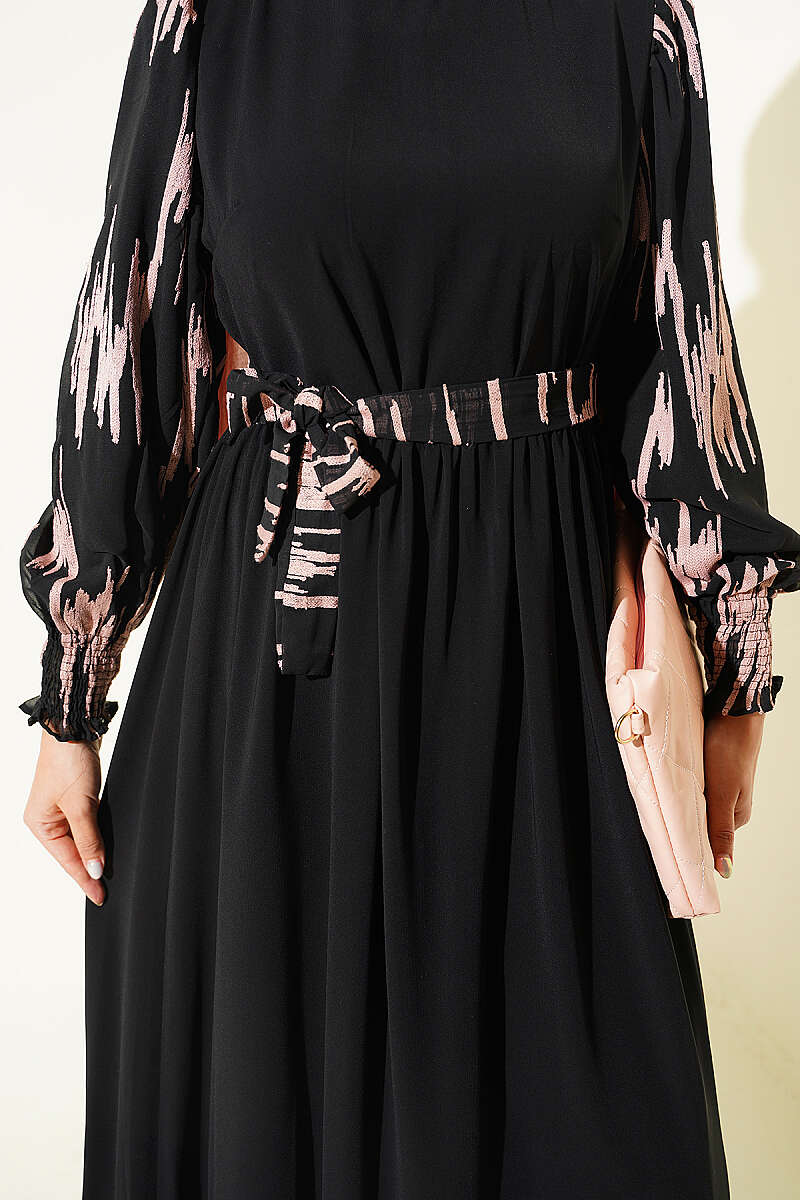 Embroidered Dress with Piped Sleeves - Powder