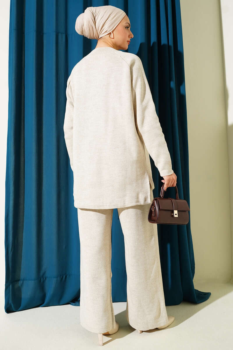 Basic Knit Two-Piece Set with Stitch Detail - Beige
