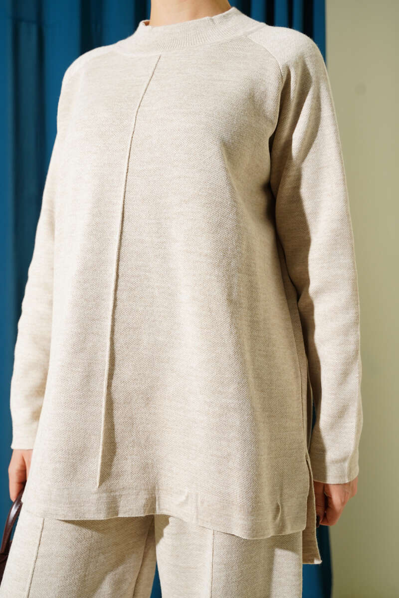 Basic Knit Two-Piece Set with Stitch Detail - Beige