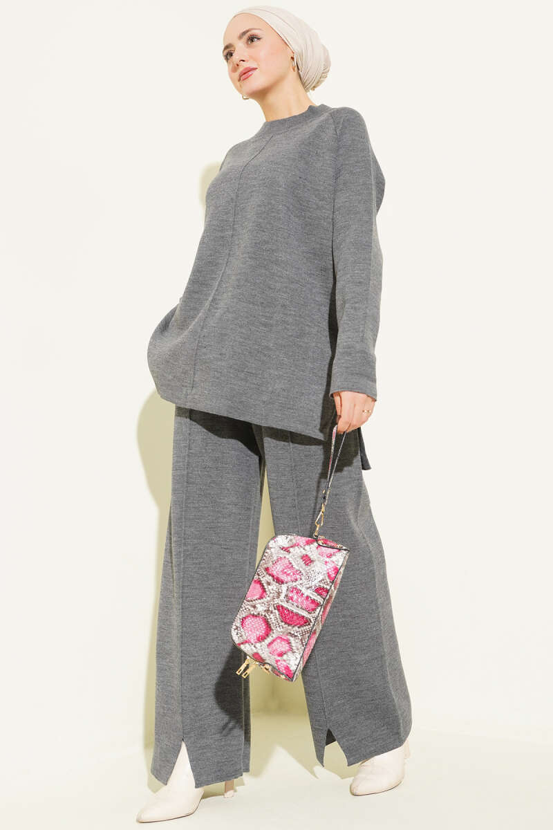 Basic Knit Two-Piece Set with Stitch Detail - Smoke Grey