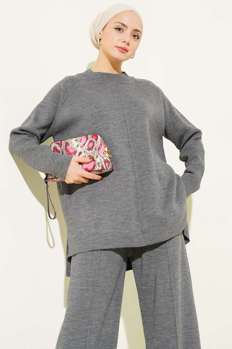 Basic Knit Two-Piece Set with Stitch Detail - Smoke Grey