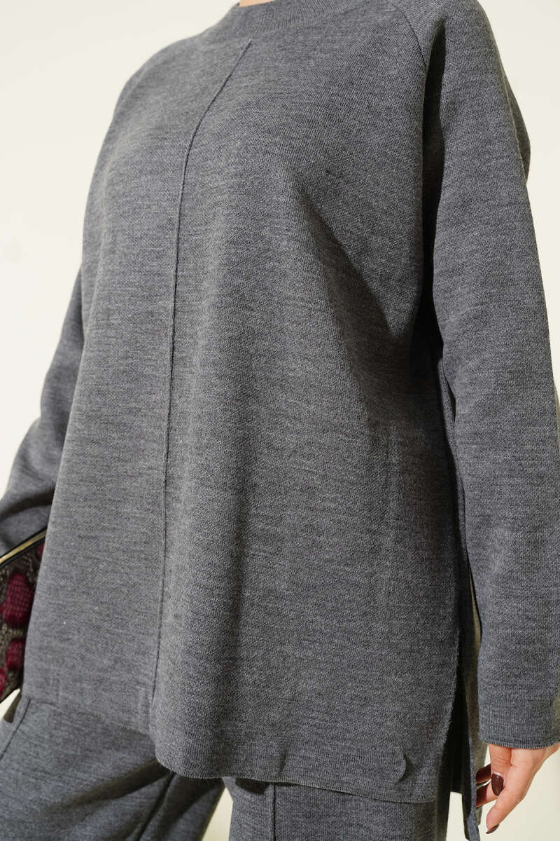 Basic Knit Two-Piece Set with Stitch Detail - Smoke Grey