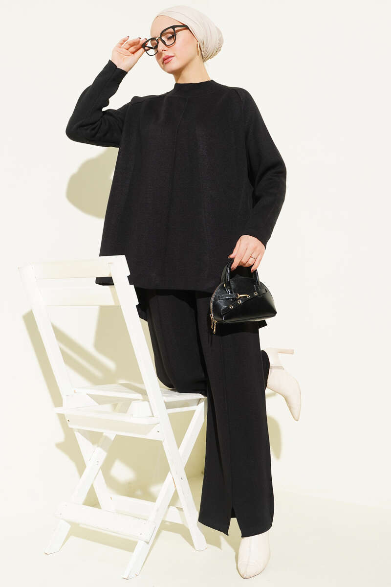 Basic Knit Two-Piece Set with Stitch Detail - Black