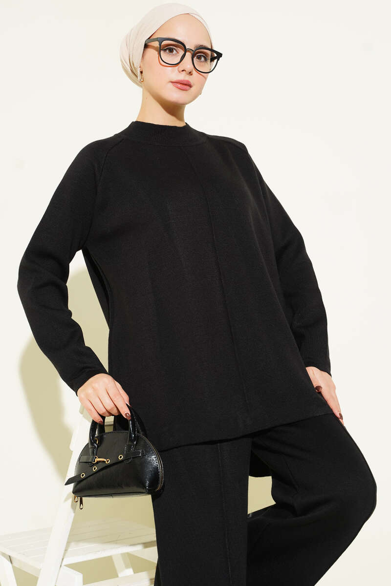 Basic Knit Two-Piece Set with Stitch Detail - Black
