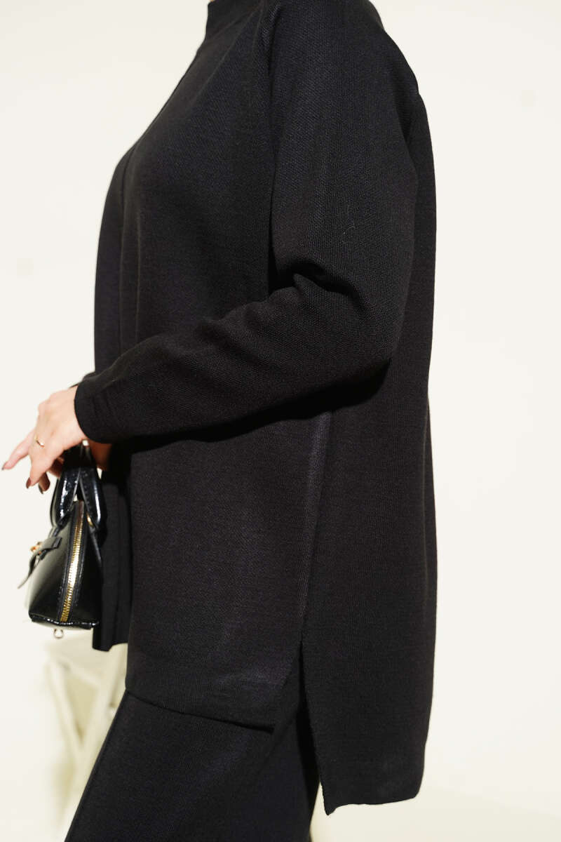 Basic Knit Two-Piece Set with Stitch Detail - Black