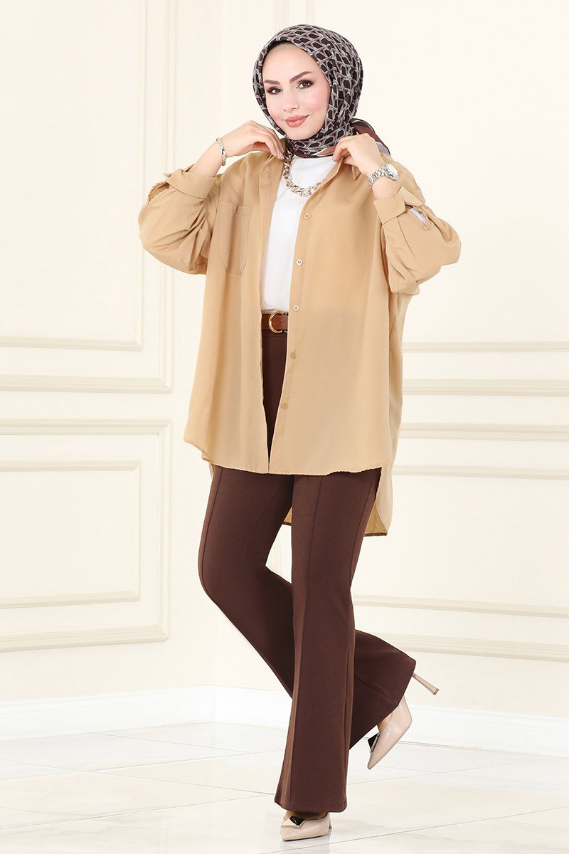 Flared Crepe Trousers with Seam Detail - Brown