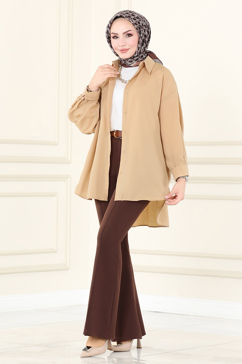 Flared Crepe Trousers with Seam Detail - Brown
