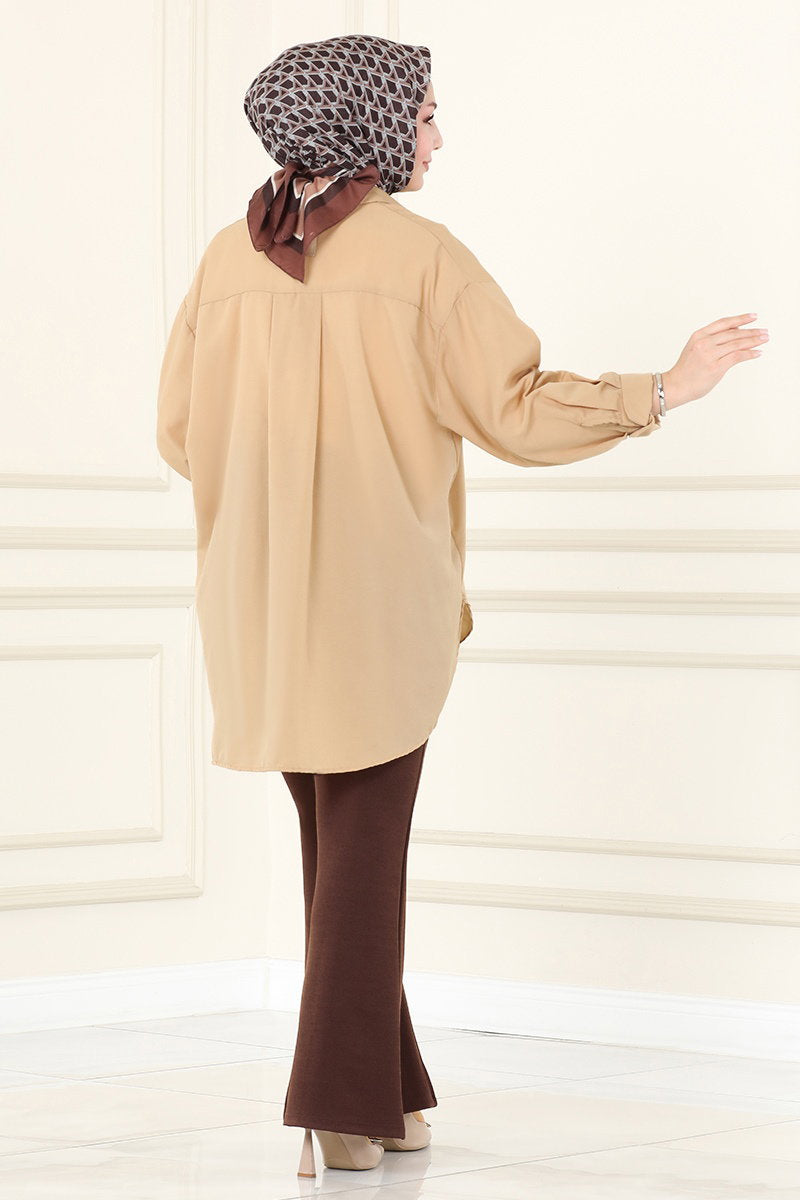 Flared Crepe Trousers with Seam Detail - Brown