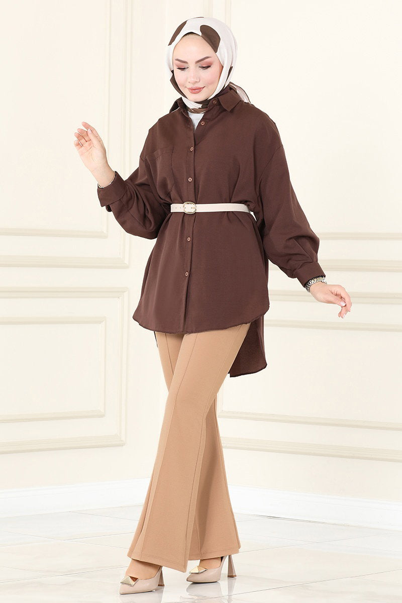 Flared Crepe Trousers with Seam Detail - Dark Mink