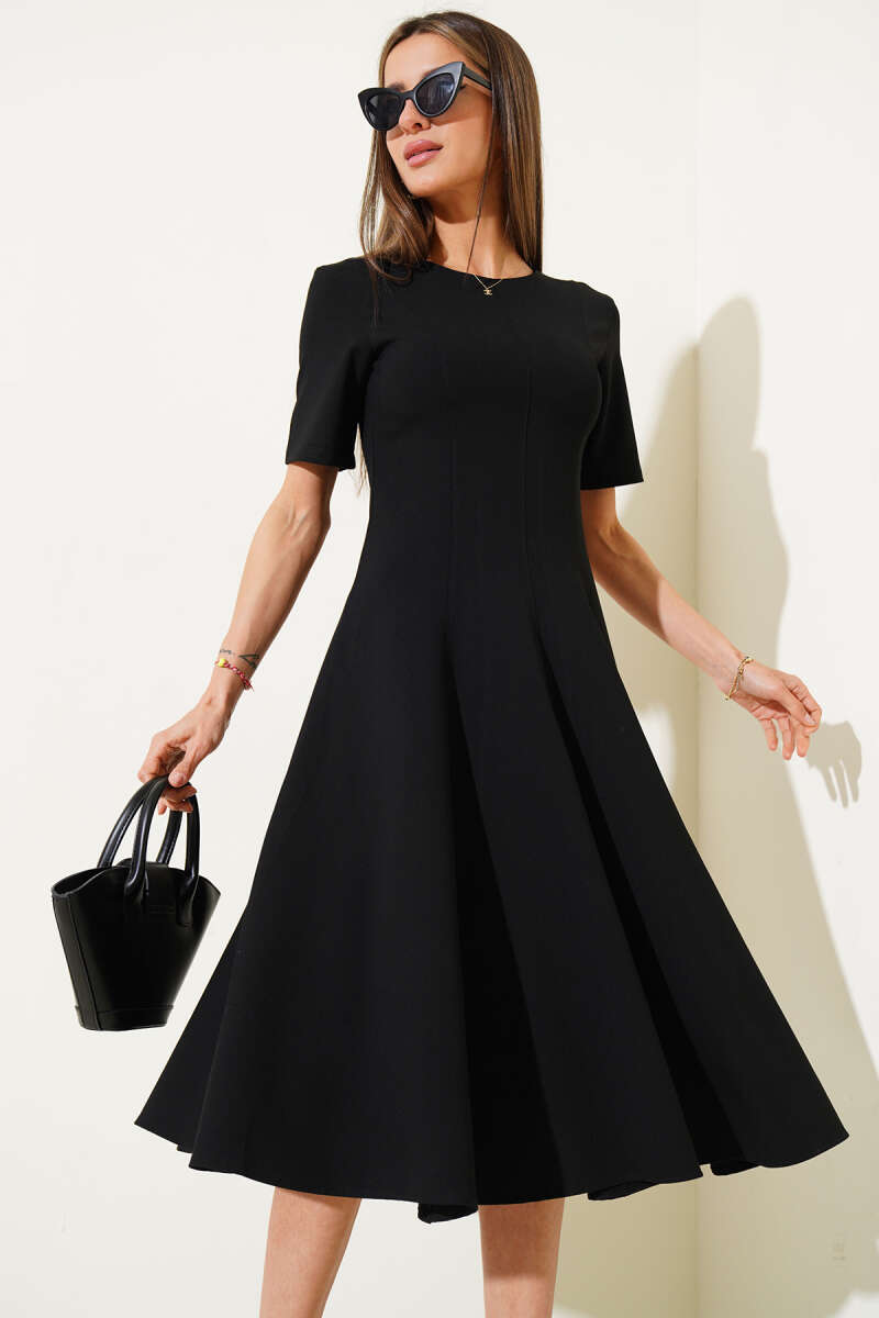 Short-Sleeve Midi Dress with Stitch Detail - Black