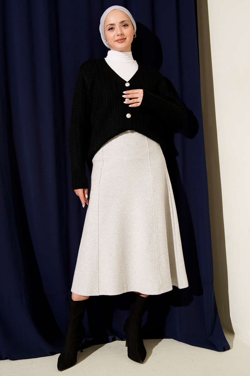 Ribbed Felt Skirt with Stitching - Grey